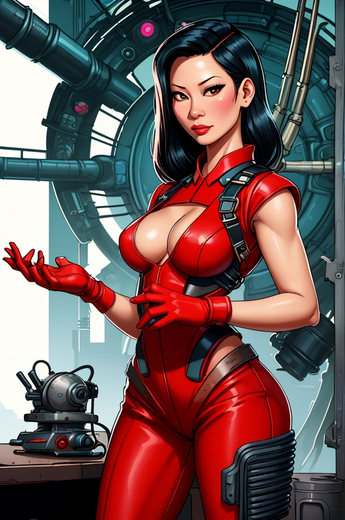 Lucy Liu, gorgeous mechanic, atompunk, blank background, retro-futurism