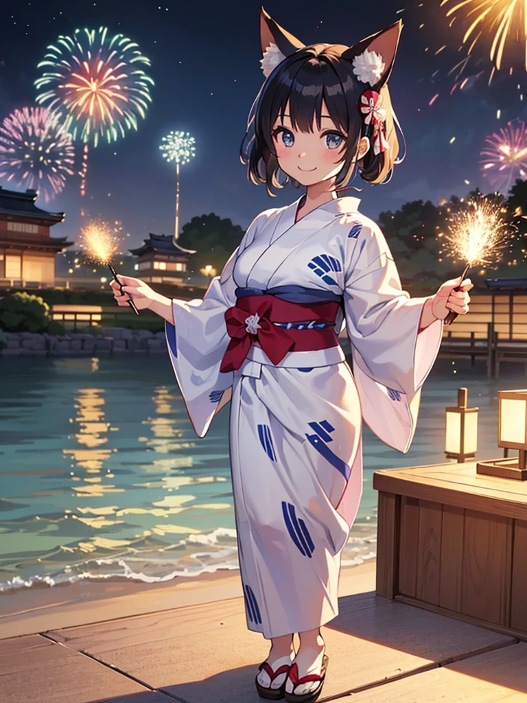 (masterpiece, Highest quality, Super detailed),One girl,((super fine illustration)),((cute eyes,highly detailed skin)),((smile)),(well endowed,Blessed,Captivating body、Detailed Background)、(yukata:1.5),firework,(大量のfirework,Night view,Ocean)、Festivals,  full body、Animal ears、Fox&#39;s Tail