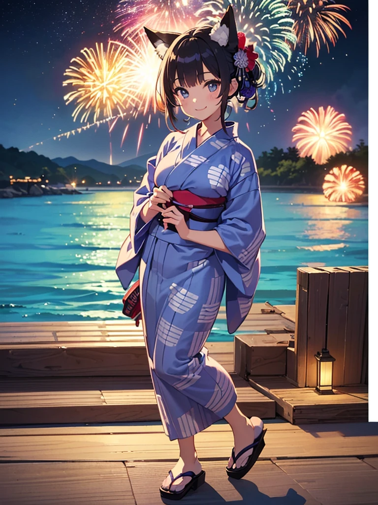 (masterpiece, Highest quality, Super detailed),One girl,((super fine illustration)),((cute eyes,highly detailed skin)),((smile)),(well endowed,Blessed,Captivating body、Detailed Background)、(yukata:1.5),firework,(大量のfirework,Night view,Ocean)、Festivals,  full body、Animal ears、Fox&#39;s Tail