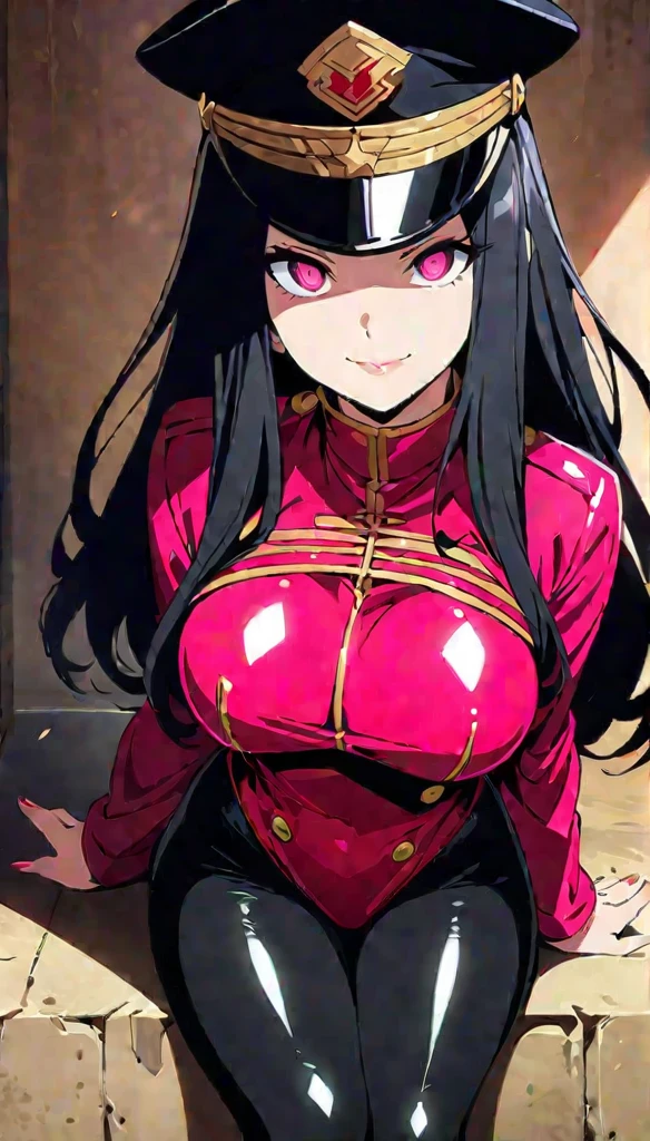 (highest quality:1.2,evil lady, anime artwork, Very detailed, High Detail, digital coloring, High Contrast, masterpiece:1.2, highest quality, Best aesthetics), 8k,masterpiece, cute,tall,beautiful,best quality, 1lady,black hair,long hair,empty eyes, (finely detailed empty pupils and detailed face),,,,extremely detailed cg unity 8k wallpaper,solo,(latex military costume:0.9),large breasts,seductive smile,military hat,latex thighhigh,large breasts,black hair,pink eyes,pink leotard,pantyhose,military coat,enamel suits,grossy lips,sitting,bust shot,sadistic smile,,heel,shiny skin,military coat,detailed face,beautiful body,full-body,adult,