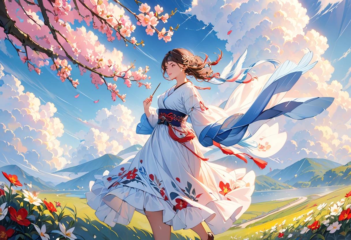 (((masterpiece)))、(((top-quality)))、((ultra-detailliert))、Spirit of the Coming Land、Wind Spirit、Wearing Dream-Inviting Flowers、Run under the blue sky、A Storm、(Spring storms)
