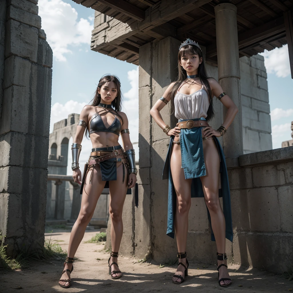 medieval warfare,ruin style,((original photography:1.2, best quality)), photographic art,Extremely detailed, Ultra-precise depiction, Ultra-fine drawing, (tangled、dramatic:1.2), (medieval warfare的氛圍), ((((night))),Night view,dark,dirty environment,Behind is the wall,dilapidated wall,((ceramic tile、Sewage on the ground:1.2)),2 women, female knight,Dirty long hair,Very detailed face,beautiful face,exquisite eyes, (best quality, Beruca, Gloves), ((Shabby medieval metal armor:1.3)), Very detailed metal armor,Mechanical parts on metal armor,Rag strips, long legs, Very huge cleavage,Long legs,((Bruise on the body)),two women standing together