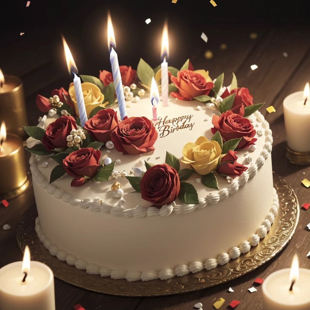 Close-up. Happy birthday !!! A large beautiful birthday cake with many thin candles, festive balls, sparks, lights, confetti, large flower buds. Photorealistic, cinematic. In the style of an oil painting. Blurred background. Light haze.