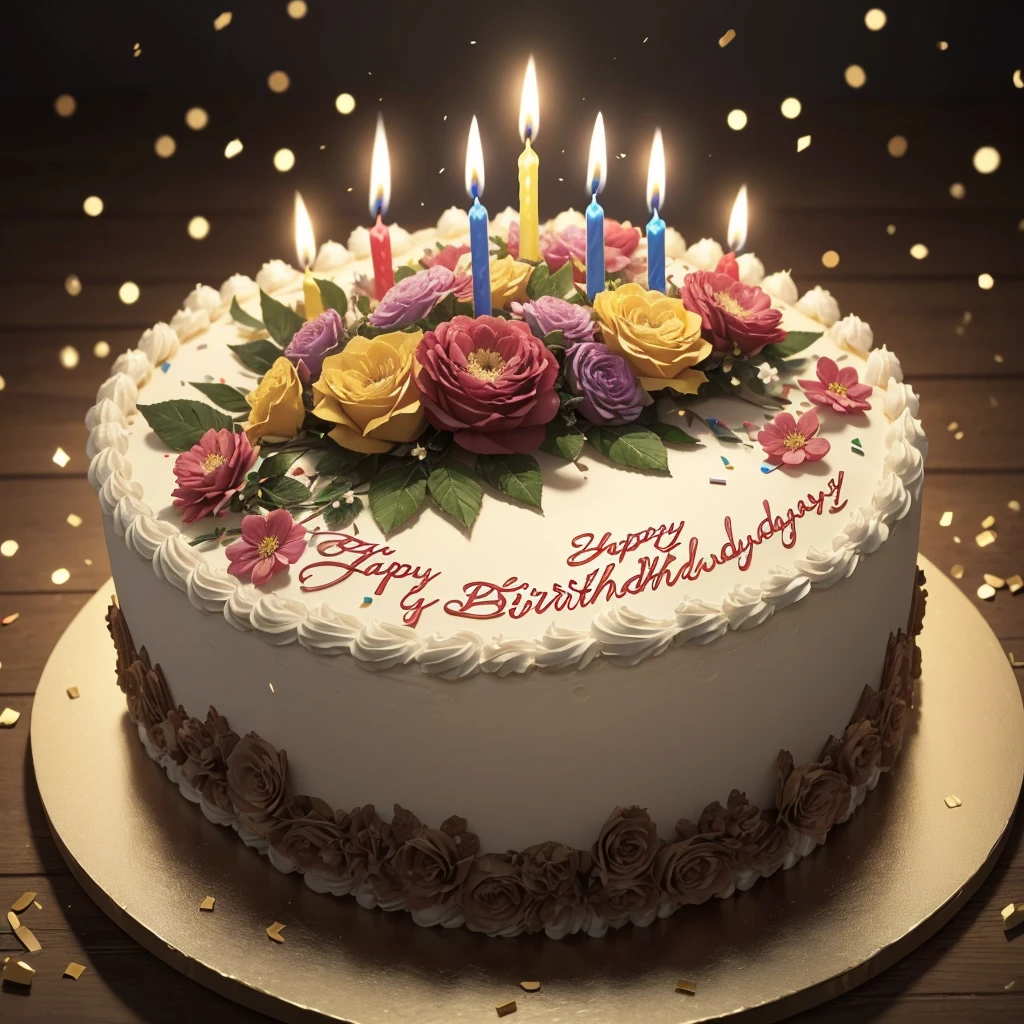 Close-up. Happy birthday !!! A large beautiful birthday cake with many thin candles, festive balls, sparks, lights, confetti, large flower buds. Photorealistic, cinematic. In the style of an oil painting. Blurred background. Light haze.