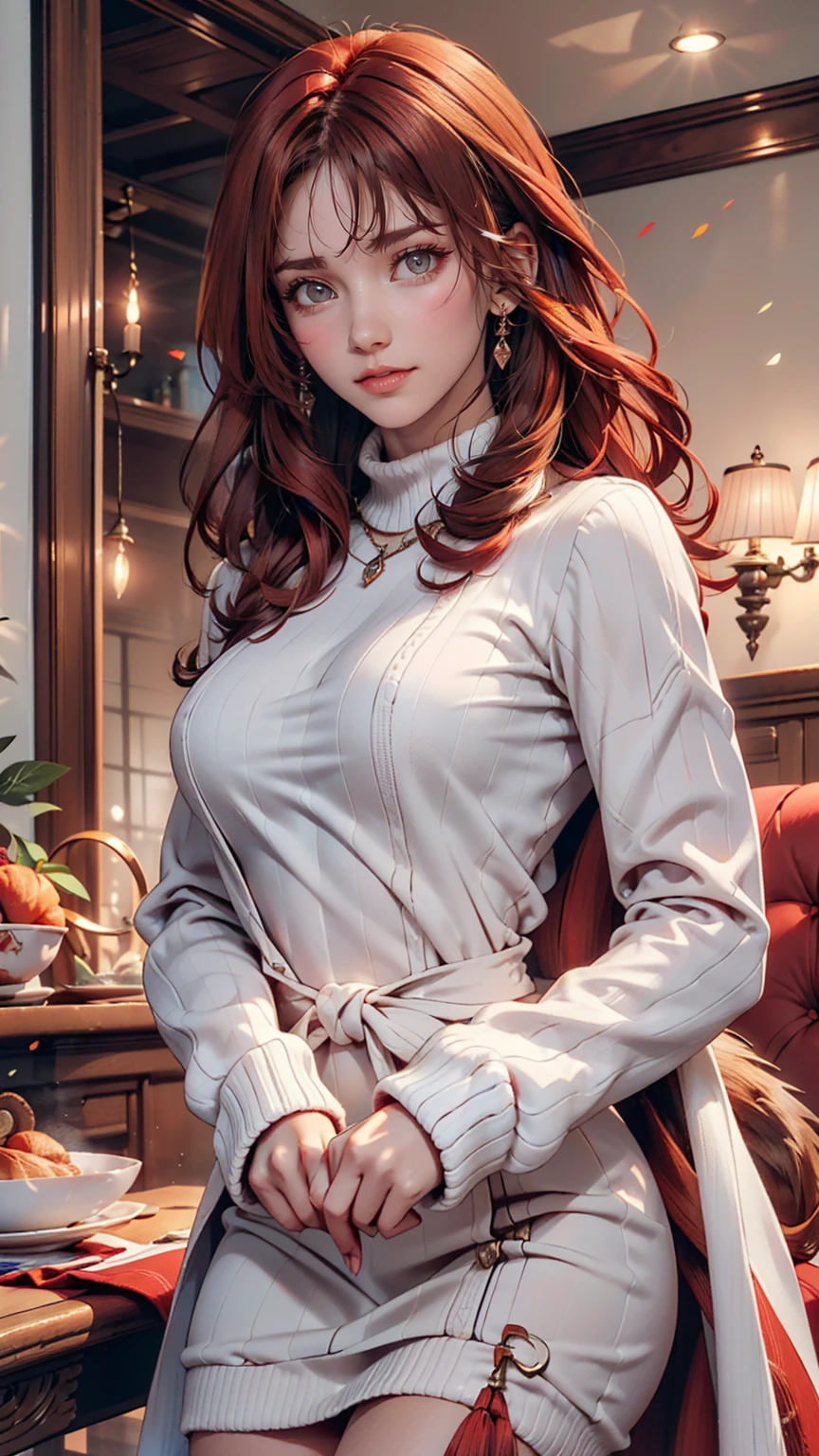 24 year old Caucasian female、Red hair、Inner Color((colored inner hair))、Triple tail((tri tails))、Gradient color hairstyle ((gradient hair))、Long eyelashes((longeyelashes))、Long knit dress(knit dress)((Covers up to the wrist))wear、Dinner hosted by His Majesty the King