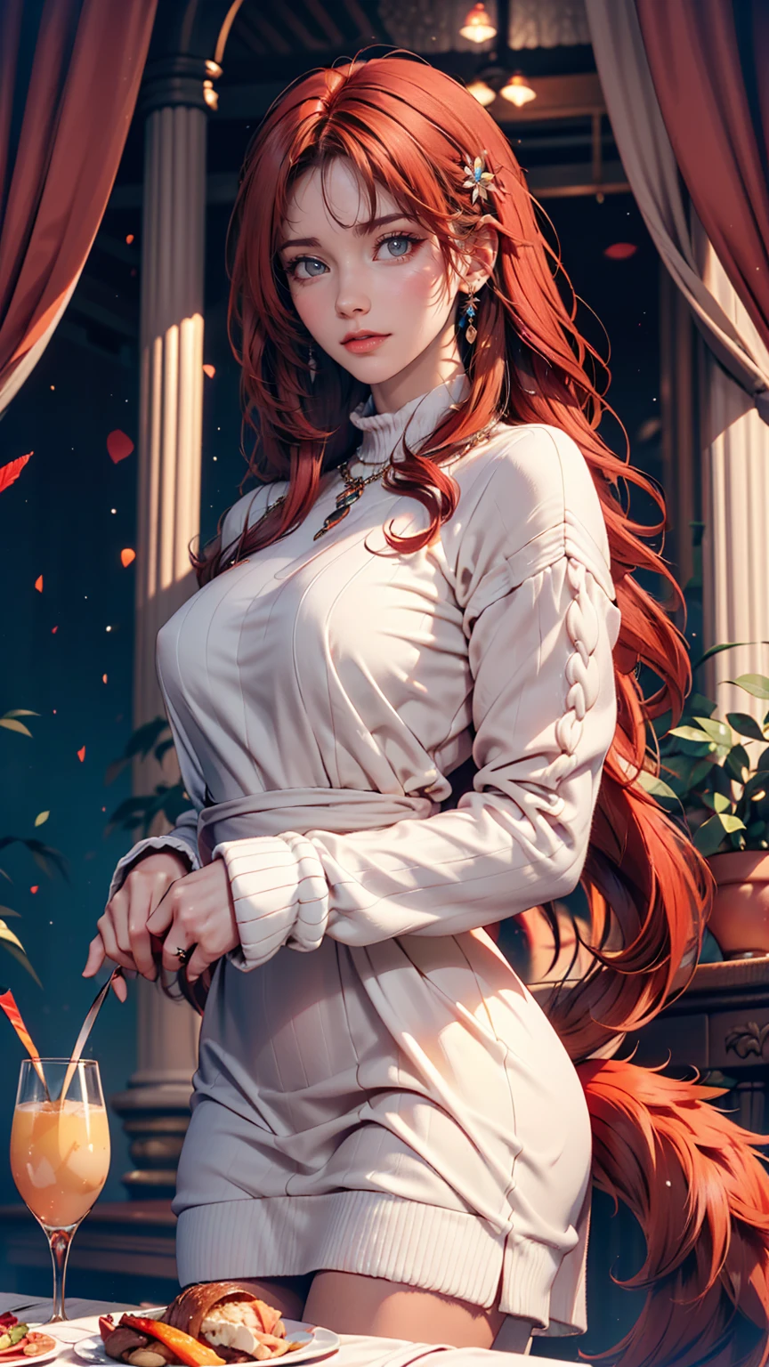 24 year old Caucasian female、Red hair、Inner Color((colored inner hair))、Triple tail((tri tails))、Gradient color hairstyle ((gradient hair))、Long eyelashes((longeyelashes))、Long knit dress(knit dress)((Covers up to the wrist))wear、Being in a museum