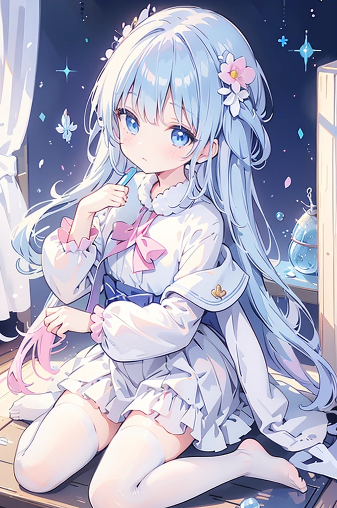 mermaidモチーフのMagical girl、Highest quality、Loriータ、Confused eyes、、small、Lori、Young Girl、Water Manipulation Magic、水を司るMagical girl、beautiful girl、cute、Full-body portrait、light blue、Have a koto、Playing the lyre、Clear eyes、pose、Magic Exerciseermaid、Magical girl