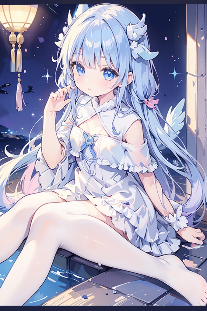 mermaidモチーフのMagical girl、Highest quality、Loriータ、Confused eyes、、small、Lori、Young Girl、Water Manipulation Magic、水を司るMagical girl、beautiful girl、cute、Full-body portrait、light blue、Have a koto、Playing the lyre、Clear eyes、pose、Magic Exerciseermaid、Magical girl