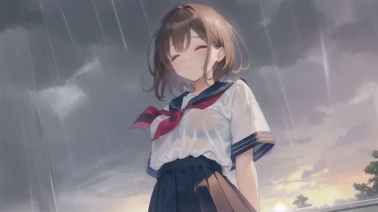 Highest quality, masterpiece, Ultra-high resolution, 8K, Show anime style , One, Soft line drawing, Digital Enhancement, shojo anime touch, shojo manga core, Flowing fabric, close, Soft Drawing, Ultra High Definition Digital Anime Art, Clear facial depiction, Highly detailed girl manga character art, Ultra-detailed manga style, Highest qualityの色, (Short brown hair)), Staring at us from the front, Beautiful brown hair, Clear brown eyes, A little chubby,Small breasts,Small Ass,(((Lift your head and close your eyes))) ,Sailor suit,School Area,(((The rainy season is over))),Getting wet in the rain,Open your arms and catch the rain,wet rat