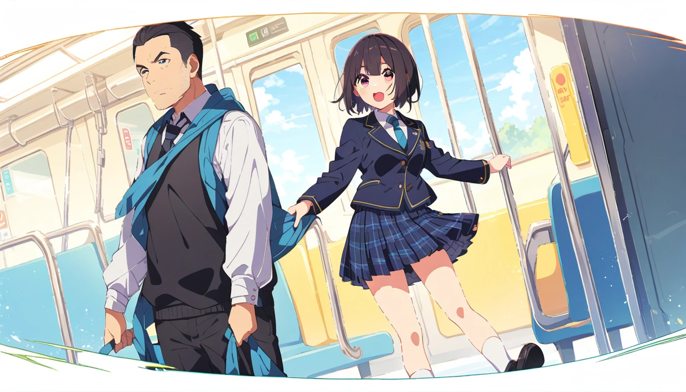 A middle-aged man is lifting the skirt of a girl with black bob hair, wearing a blazer uniform and a navy blue checked skirt, standing on a train、whole body