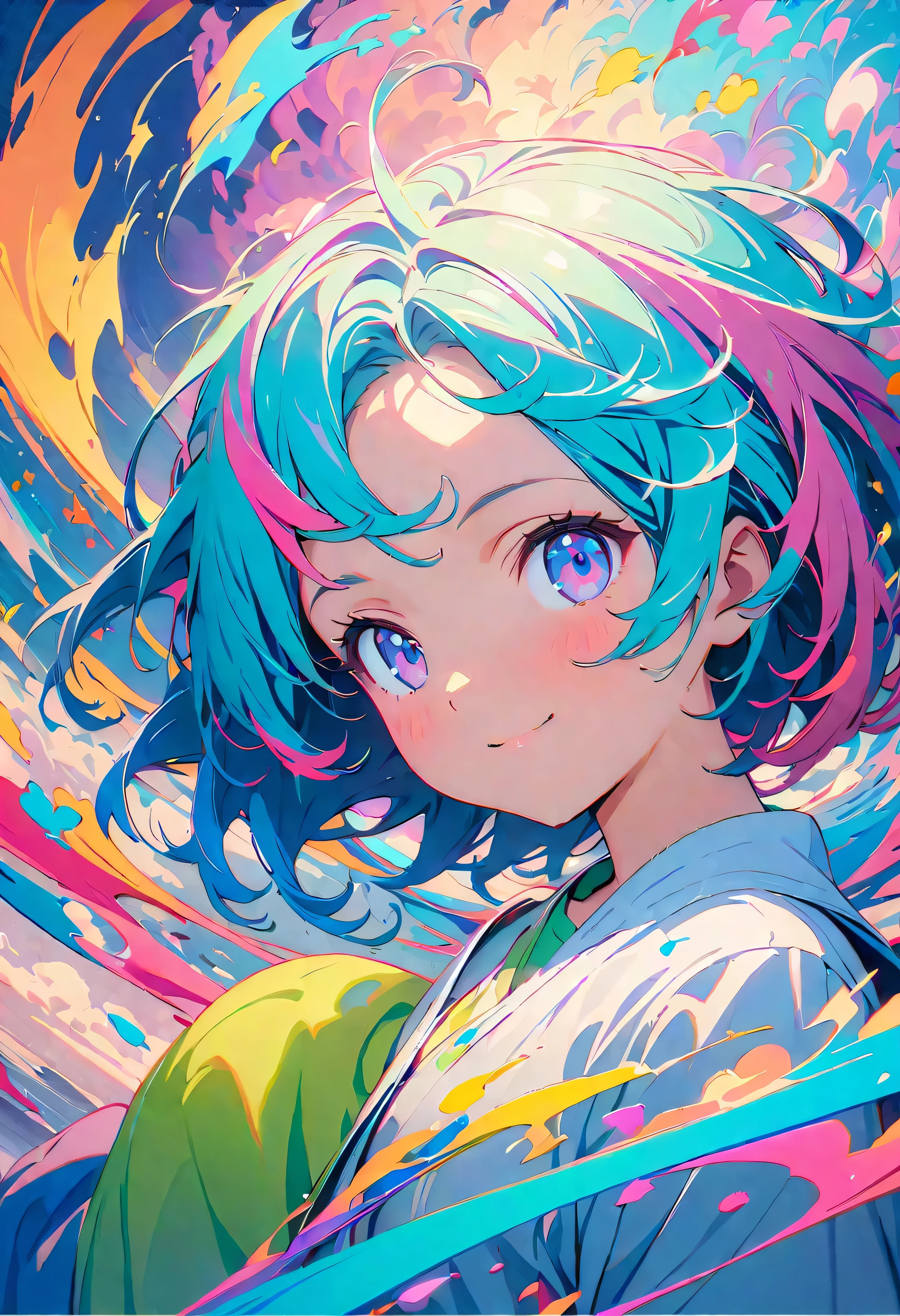 (masterpiece, Highest quality, Official Art:1.2), (colorful), Perfect Anatomy, Looking at the audience,One Girl, alone, floating colorful water, Ultra-fine illustrations, Highly Details, Dynamic Angle, Beautiful detailed, 8K, 壊す smiling amidst the colorful scenes, (High resolution), Anime Style, (Fractal Art:1.1), pastel colour, 12 years old, Center parted short bob, hair between eyes, forehead