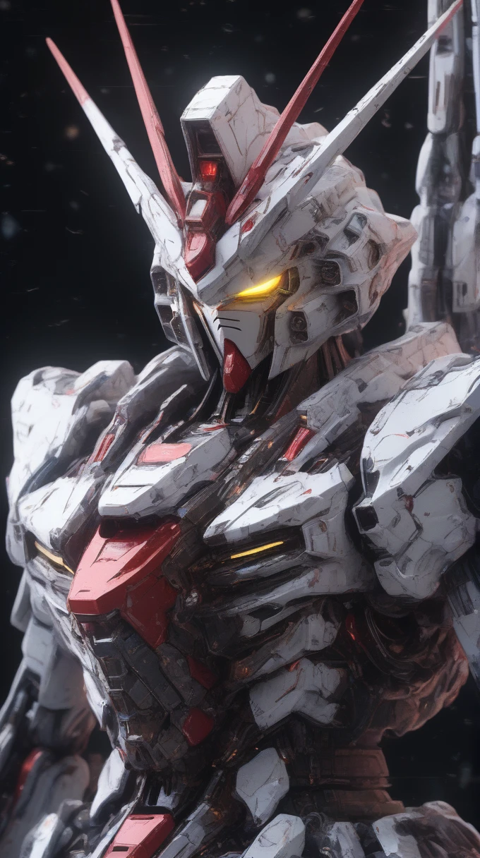 (Highest quality,masterpiece, Complex,Super detailed,Realistic,RAW Photos,8K Ultra HD,超High resolution,Photorealistic Style,BJ_Gundam_SDXL,Finnfunnel、Psycho Frame、 alone, yellow_eye, upper_body, no_human, Shine, robot, Mecha, 光Shine_eye, science_fiction, Looking_First, V-fin, Big wings on the back,Huge 3D Model,8K,Complex,Very detailed,masterpiece,Side Lighting,High resolution,High resolution,