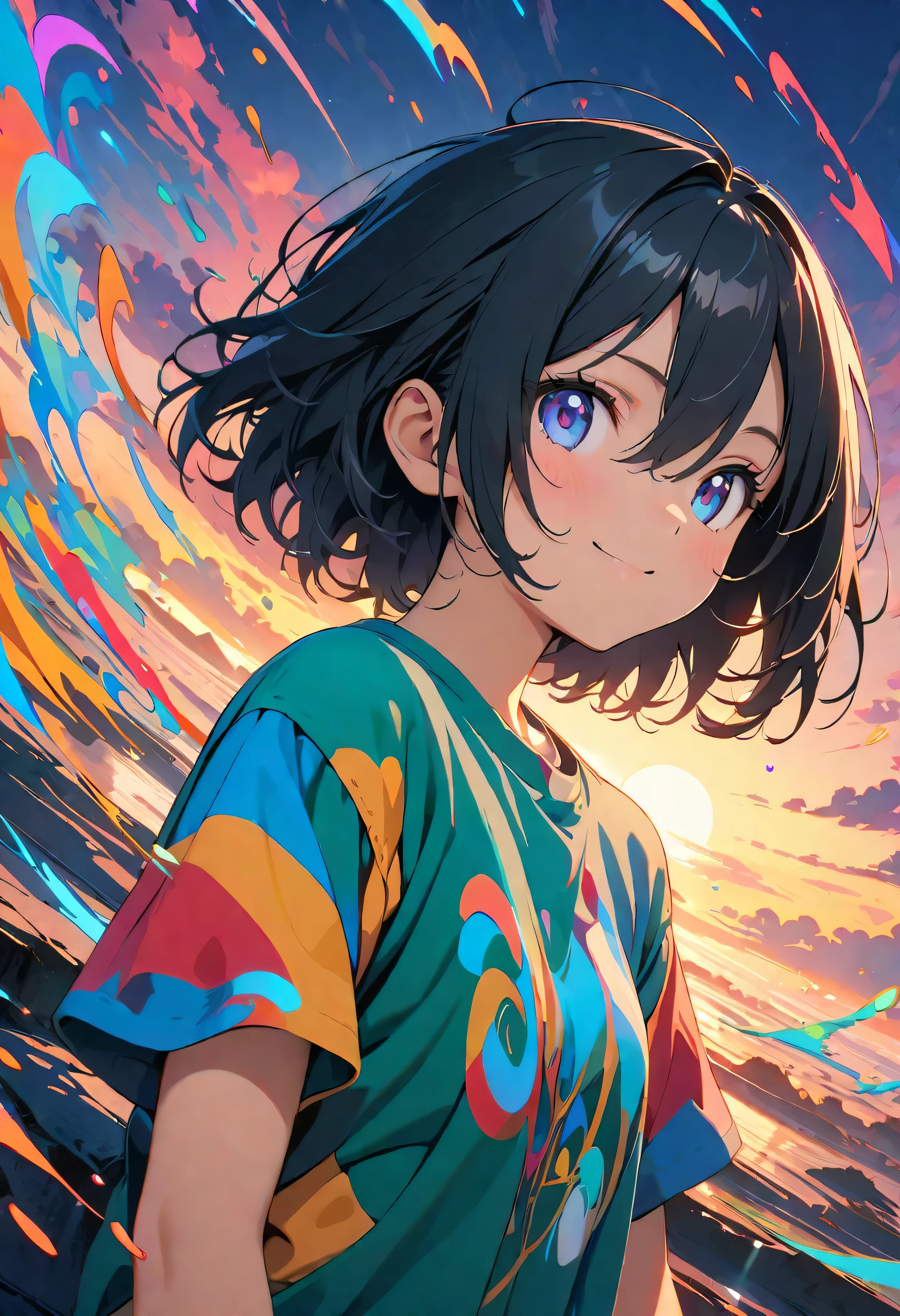 (masterpiece, Highest quality, Official Art:1.2), (colorful), Perfect Anatomy, Looking at the audience,One Girl, alone, floating colorful water, Ultra-fine illustrations, Highly Details, Dynamic Angle, Beautiful detailed, 8K, 壊す smiling amidst the colorful scenes, (High resolution), Anime Style, (Fractal Art:1.1), 12 years old, Center parted short bob, hair between eyes, forehead