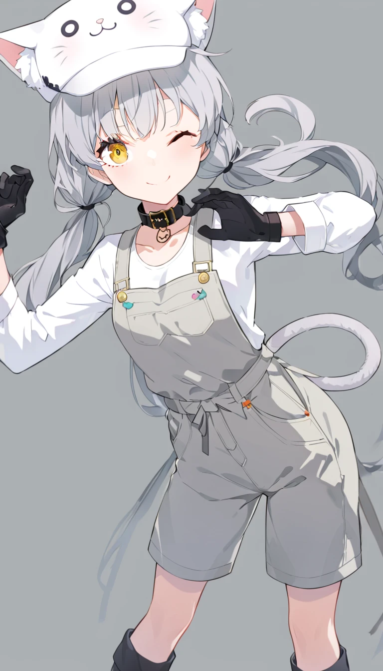 a gray haired cat girl with a cat tail, wearing a complete white cat hat with a brim, white long sleeves, light gray denim overalls, long BLACK gloves, long BLACK boots, a cute winking face, no human ears, medium breasts, yellow eyes, wearing a black collar, on a complete gray background, doing a pose