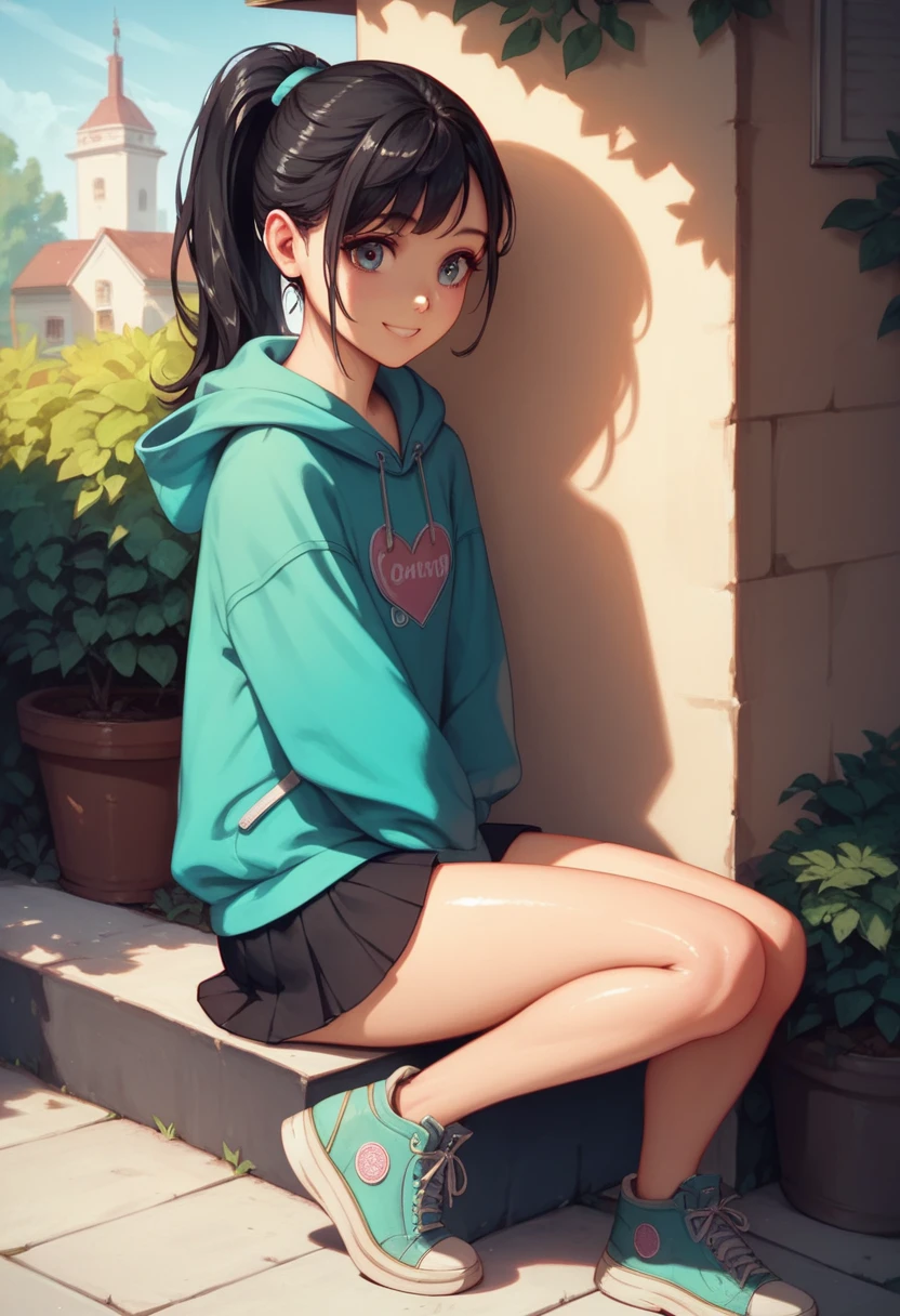 beautiful soft light, vivid details, anatomical, exact ratio, very detailed, wonderful, finely, highest quality, High resolution, 1 girl, , cute, shiny, Shiny skin, Corner of the park, (sleeve_less hoodie), short skirt, sneakers to highlight, physical education sitting), black hair,ponytail、 healthy skin, spring coordinated outfits、smile