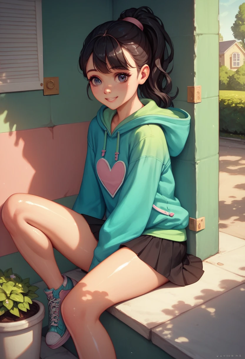 beautiful soft light, vivid details, anatomical, exact ratio, very detailed, wonderful, finely, highest quality, High resolution, 1 girl, , cute, shiny, Shiny skin, Corner of the park, (sleeve_less hoodie), short skirt, sneakers to highlight, physical education sitting), black hair,ponytail、 healthy skin, spring coordinated outfits、smile