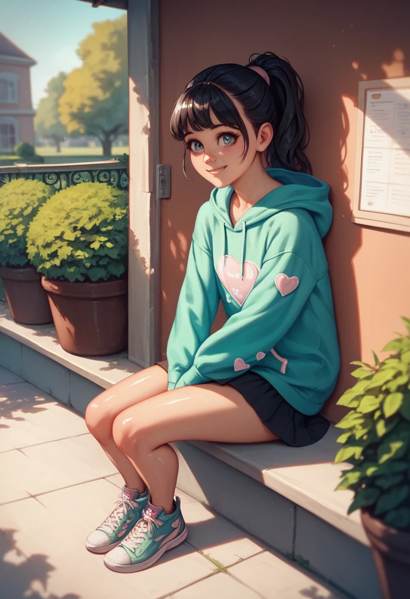 beautiful soft light, vivid details, anatomical, exact ratio, very detailed, wonderful, finely, highest quality, High resolution, 1 girl, , cute, shiny, Shiny skin, Corner of the park, (sleeve_less hoodie), short skirt, sneakers to highlight, physical education sitting), black hair,ponytail、 healthy skin, spring coordinated outfits、smile