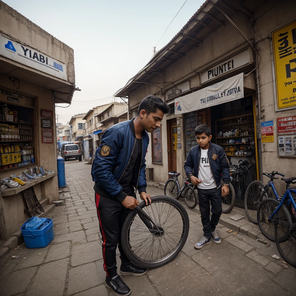 Boy fixing the puncture in front of a Puncture shop named as Pizu Puncture Vala and the boy is wearing a bomber jacket 