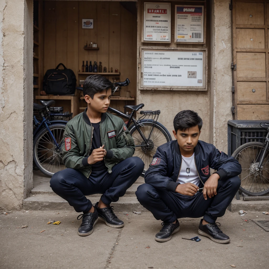 Boy fixing the puncture in front of a Puncture shop named as Pizu Puncture Vala and the boy is wearing a bomber jacket 