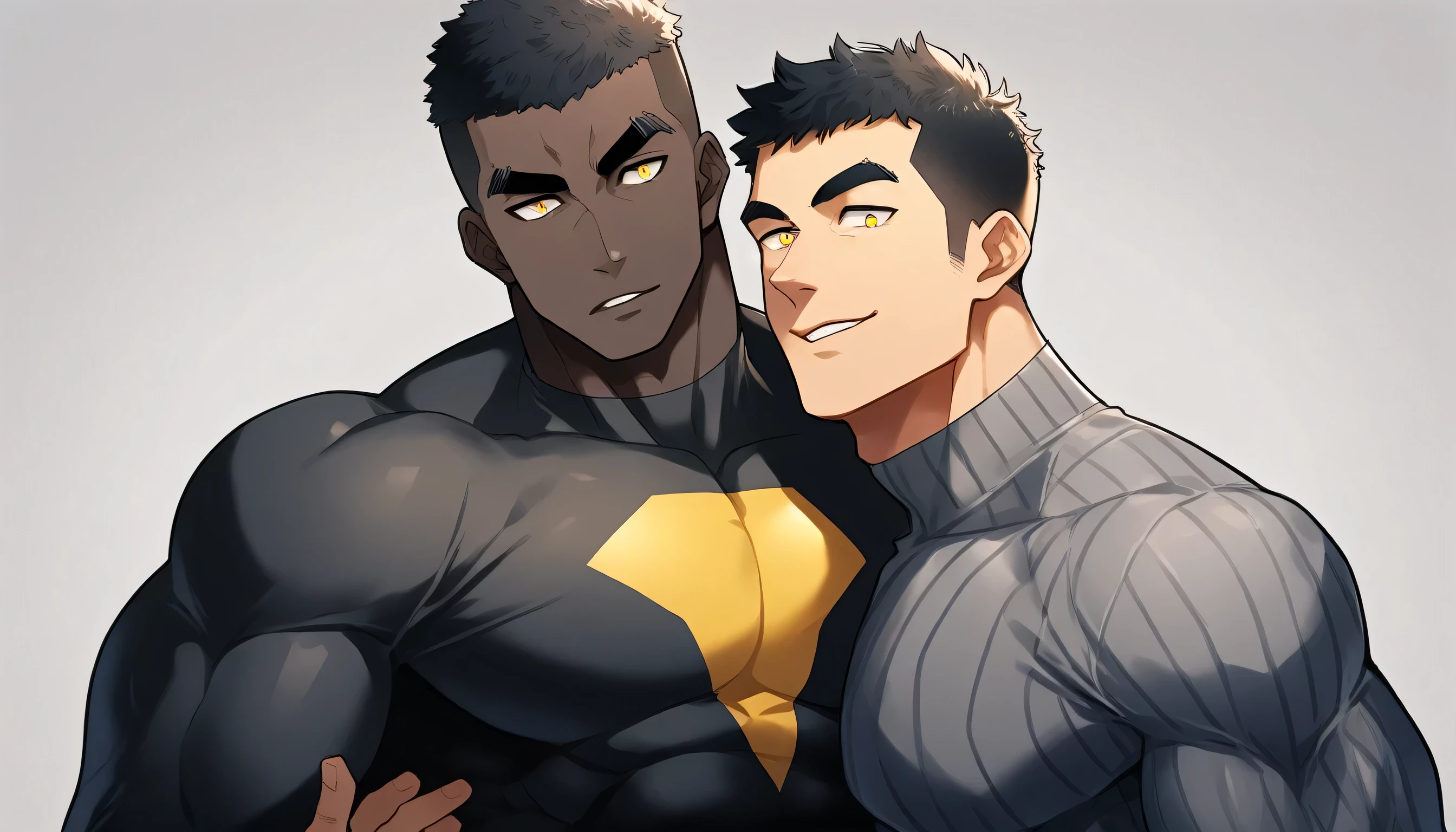 anime characters：Two superheroes in tights, Muscle superhero, negro black skin, They hugged and kissed each other, Caress, Manliness, male focus, Yellow and black striped high collar long sleeve tight T-shirt, Slightly transparent material, Very tight, Round, full and perky chest muscles, Male dog waist, Slightly transparent, muscular male, muscular, only, Upper body, alone, Black short hair, Thick eyebrows, stubble, Yellow eyes, Grey background, simple background, amazing quality, best aesthetics, Ridiculous, bright pupils, crew cut, parted lips, seductive smile, torogao, naughty face, drop shadow, best quality