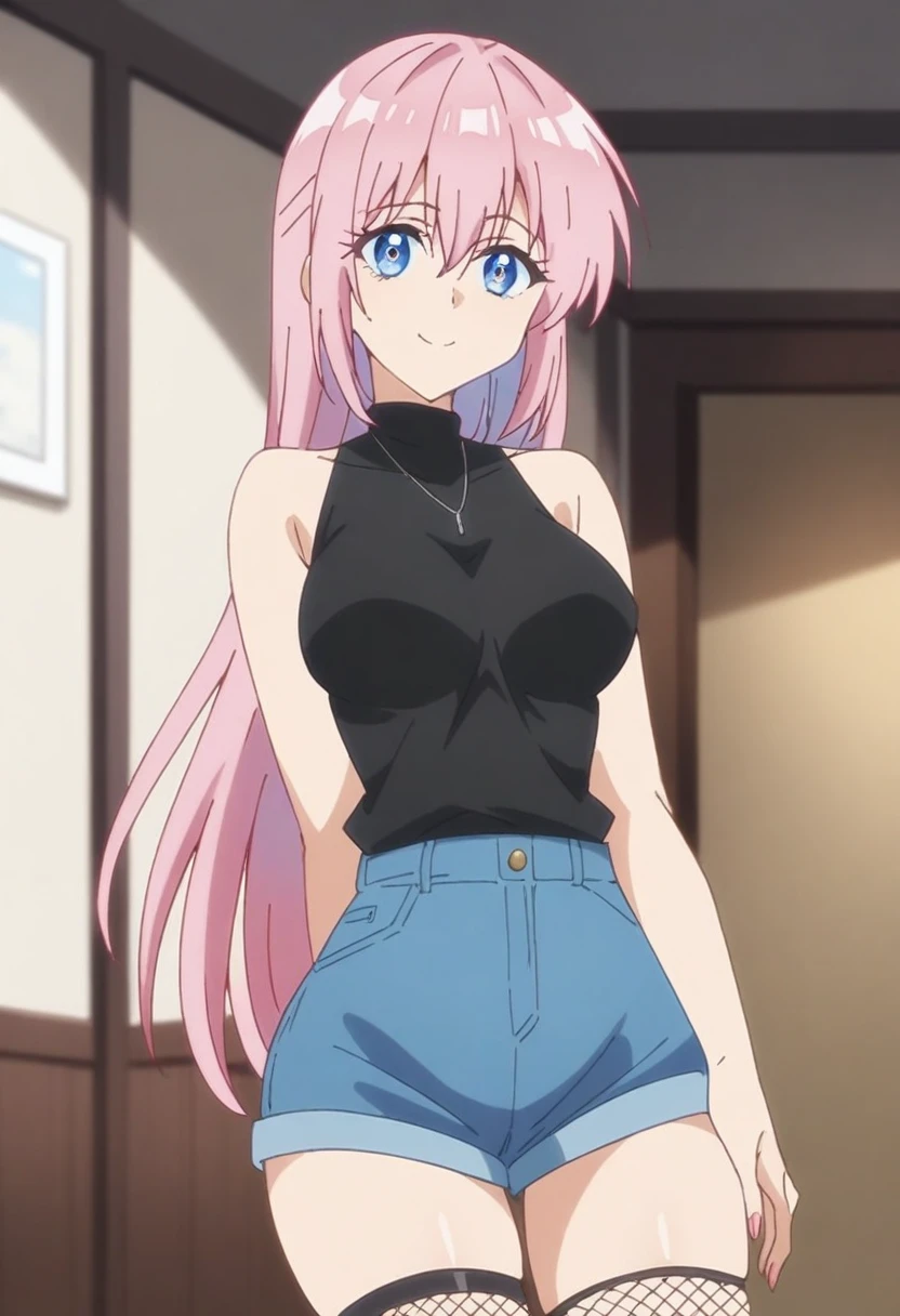 anime art style, 2d, masterpiece, best quality, very aesthetic, absurdres, dynamic shadows, atmosferic, shikimorisan, (1girl), pink hair, long hair, blue eyes, detailed eyes, shadows on eyes, hair between eyes, bangs, medium breasts, makeup, curvy body, sexy, casual clothes, black turtleneck shirt, denim shorts, fishnet thighhighs, bare arms, smile, (cowboy shot), (from front), (standing), (indoors), (looking at viewer:1.0)