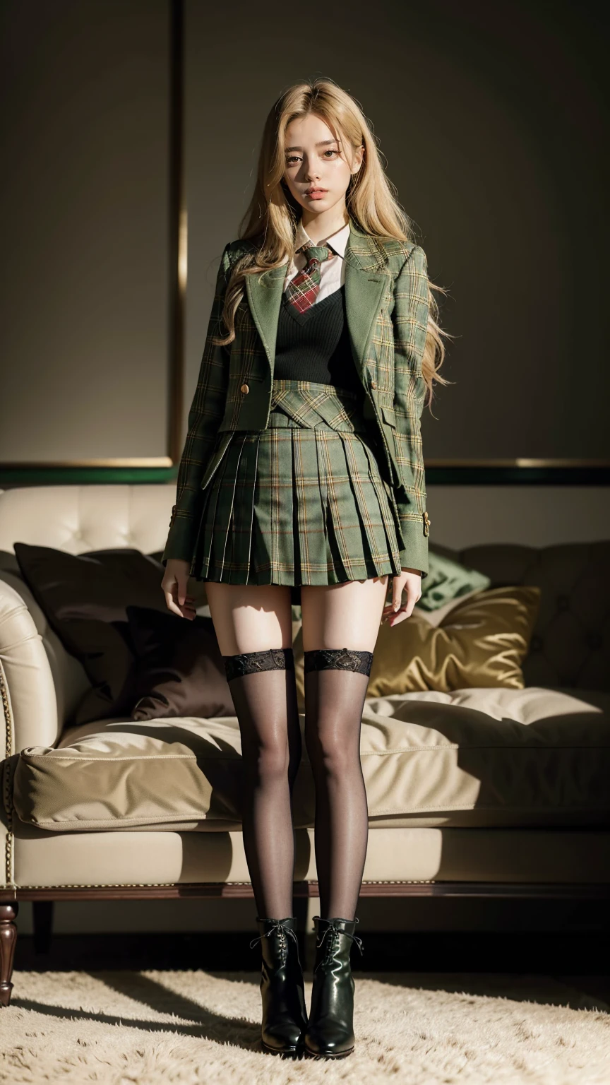 UHD,8K,RAW,girlvn01, 1girl,school,Stunningly Beautiful Girl,green suit,Epaulette, pleated plaid green skirt,plaid red necktie, Long shaped face,Sandy Blonde side-swept hair,standing ,black stocking ,sofa,student boots high heels,full body,