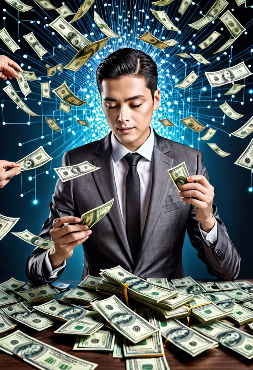 Photograph of a person making a lot of money using artificial intelligence realistic image