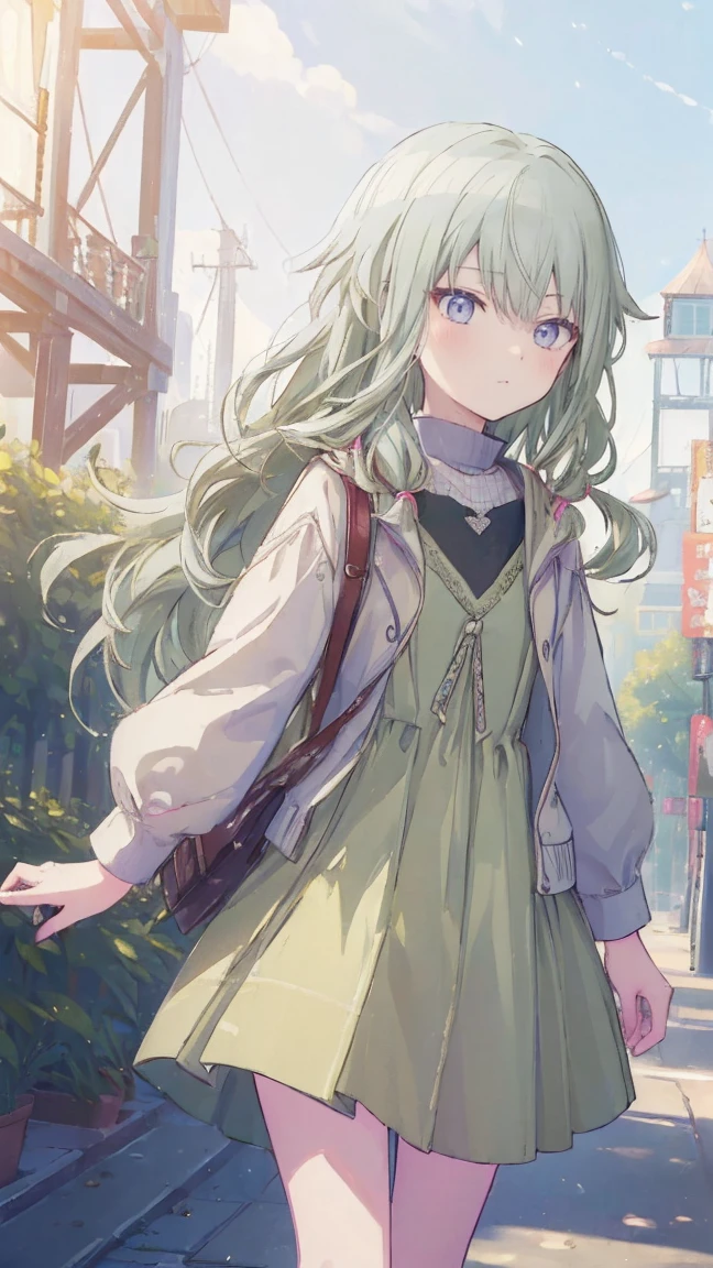 (masterpiece, Highest quality:1.6),Best image quality、Highest quality、Perfect lighting,masterpiece、(8K、masterpiece、Highest quality)、Best image quality、Chest close-up、During a walk、Outdoors、A smiling face towards me、The sense of distance as if you were walking next to me、light green hair color、Kusanagi Nin々、、profile