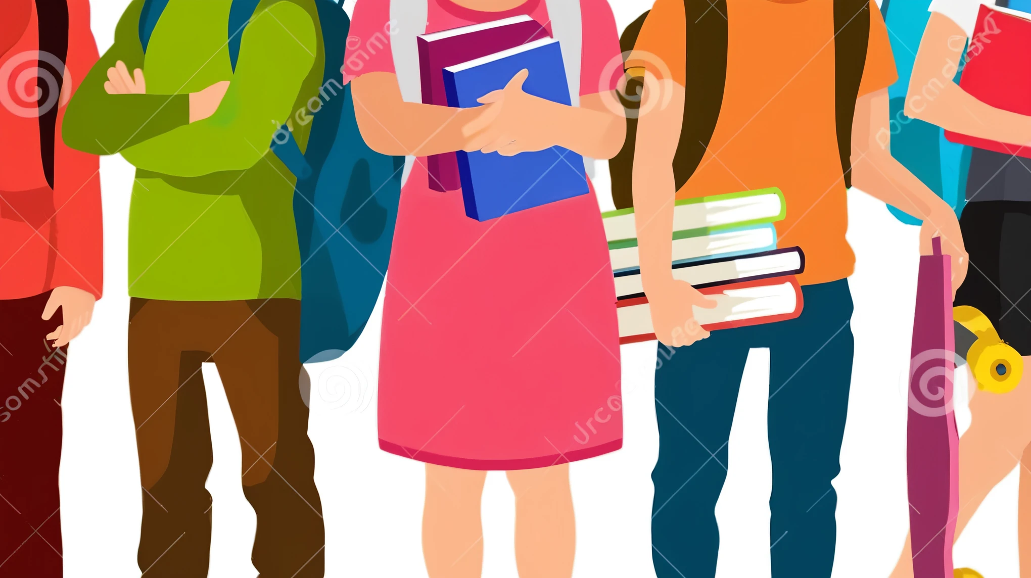 group of students with backpacks and books standing together, college students, textbook illustration in clolour, holding books, student, proffesional illustration, illustrative!!, illustration!, background image, exciting illustration, at college, intermediate art, flat illustration, detailed school background, book cover!!!!!!!!!!!!, for junior, color illustration, colorful kids book illustration, highschool background