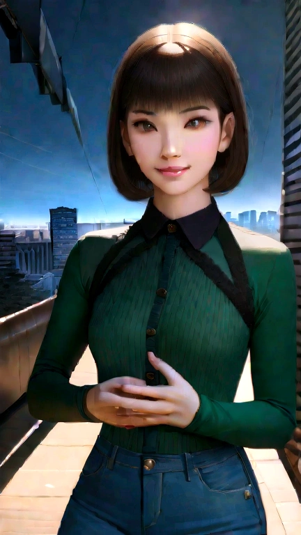 (Highest quality,4K,8K,High resolution,masterpiece:1.2),Super detailed,Realistic,photoRealistic:1.37,Japanese girls acting cute,smile,,Beautiful attention to detail,eyelash,Denim Fashion Costume,belly button,Tokyo cityscape,summer,Half Body Focus