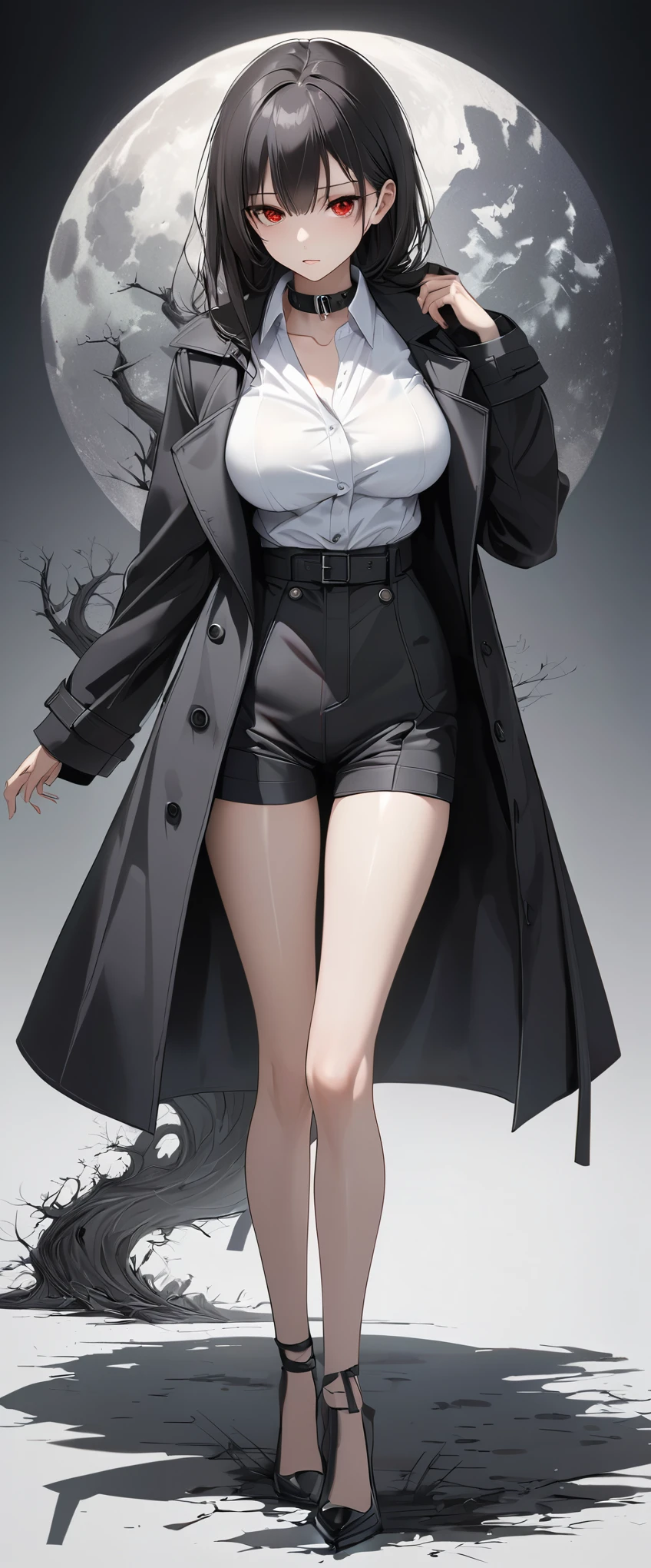 theme:Black trench coat,
Professional spray work, Detailed and intricate brushwork, Detailed and clear depiction, Anatomically correct, Absurd aesthetics, Minimalism, Clear, crisp art, perfection,
BREAK A woman in a white blouse and shorts, One person, wide open collar, Strict and tight pants style, Put on a men's trench coat,
BREAK Emphasizing loneliness, Clear and vivid, 魅力的なBlack trench coat, A bold and powerful composition,
BREAK Detailed and complex texture, Luxurious wool texture, very fine-grained, ((Shallow shorts above the crotch)),
BREAK Height:170cm, body weight:49㎏, breasts 82cm, waist 59cm, hip 84cm, vital statistics,
BREAK Facial expressions drawn by a professional illustrator, Sharp thin lines,
Seductive red eyes, Strong and fleeting, (Aesthetic and transparent:1.5), (Glossy feel:1.5),
BREAK Close the collar with your own hands, Lonely and aesthetic woman, Fresh and firm skin, stylish, cool, Put on a men's trench coat,
BREAK Chilly Early Morning, The moon is still out, Wabi-sabi back alleys, dramatic,
BREAK Strong vigilance, Be cautious of your surroundings, nervous, Keeping an eye on your surroundings,
BREAK A dark background that makes the subject stand out,
BREAK A woman straightening the collar of her aesthetic coat, dramaticな映画照明,
(Dynamic wide full body shot:1.2, ankle in of frame),
BREAK Highest Quality Rendering, Highest quality, Highest Resolution,
