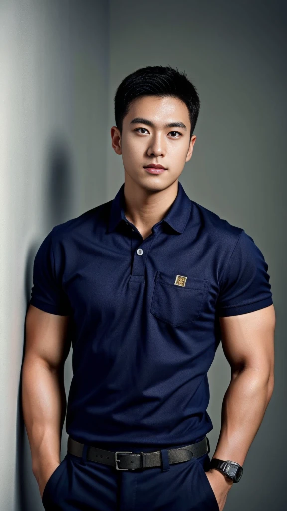A male police officer in his 20s poses for a group photo....., Wear a navy blue polo shirt......................., high resolution, Masterpiece, best quality, head:1.3,((Hasselblad photos)), Smooth and fine skin, clear focus, (movie light), during the night, gentle light, Dynamic angle, [:(detailed face:1.2):0.2],(((exercise))), sport, His arm muscles were very big.........., hand in crotch.