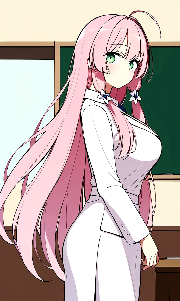 private teacher、Big Breasts、Pink Hair、Long Hair、Straight Hair、Ahoge、kind、Green Eyes、Droopy eyes