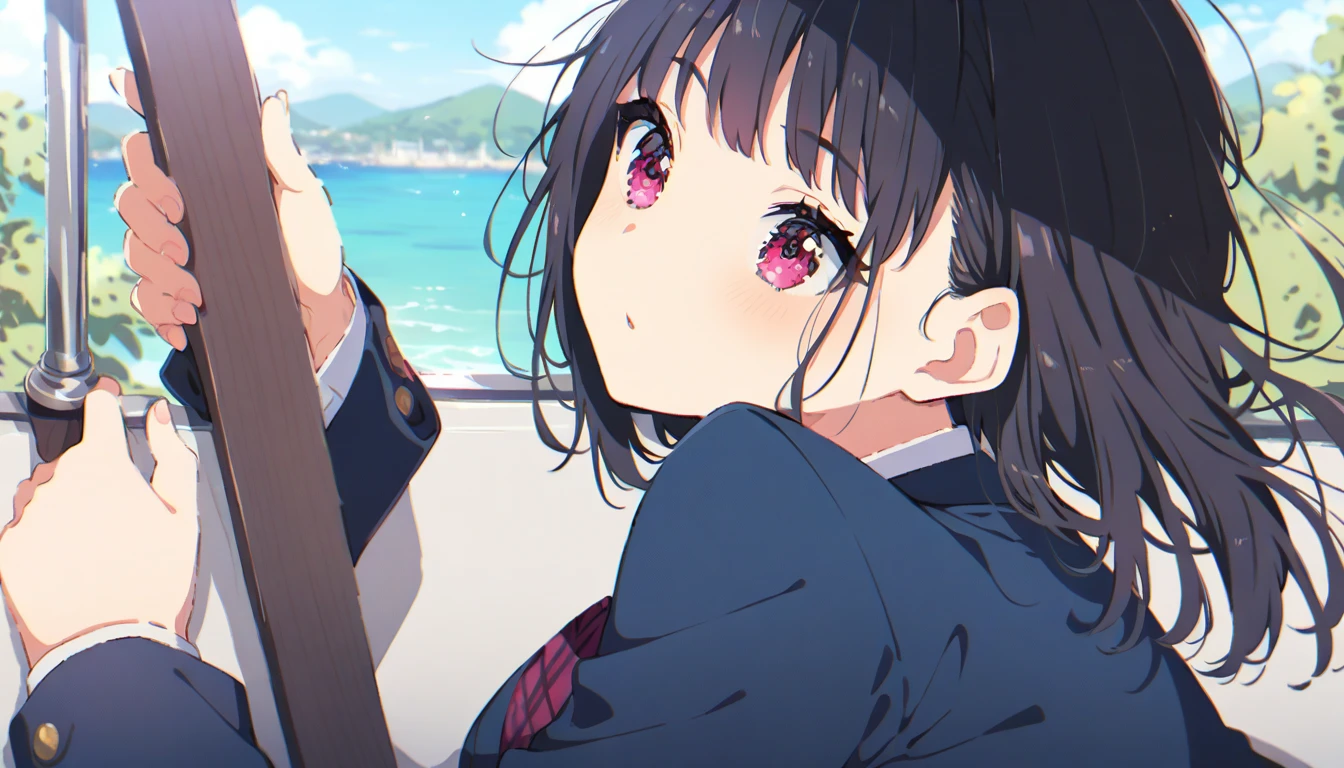 A girl is kneeling on a train, crying and groaning in disgust. She is topless, wearing no underwear, wearing a blue checked skirt, has erect nipples, short black hair, small breasts, and pale pubic hair. A molester forces his penis into her mouth.