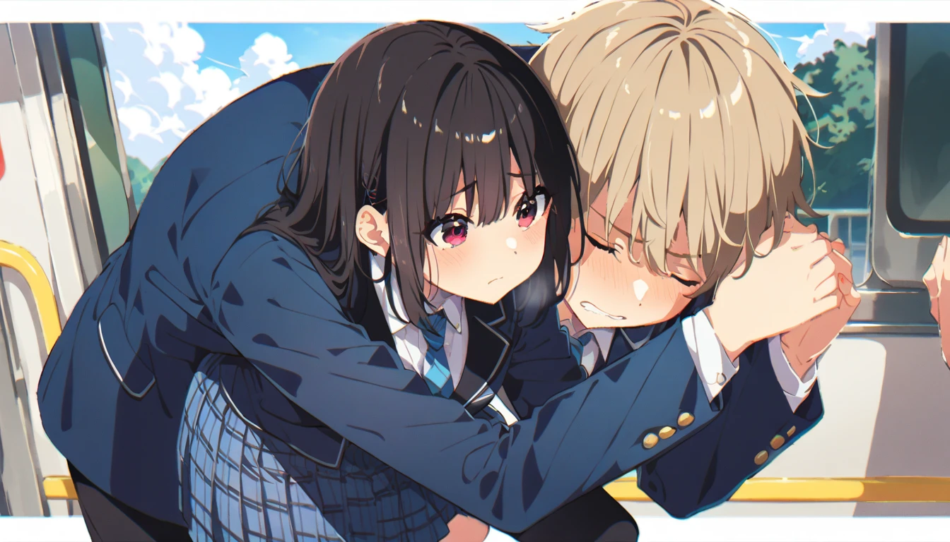 A girl with erect nipples, black short bob hair, small breasts and pale pubic hair is crying and unwillingly on a train while being forced to give a blowjob by a molester.
