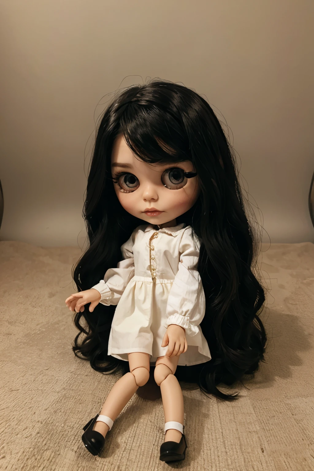 Make me a blythe doll that has black and wavy hair, with smooth fringe, Brown eyes, straight eyebrows and dark circles 