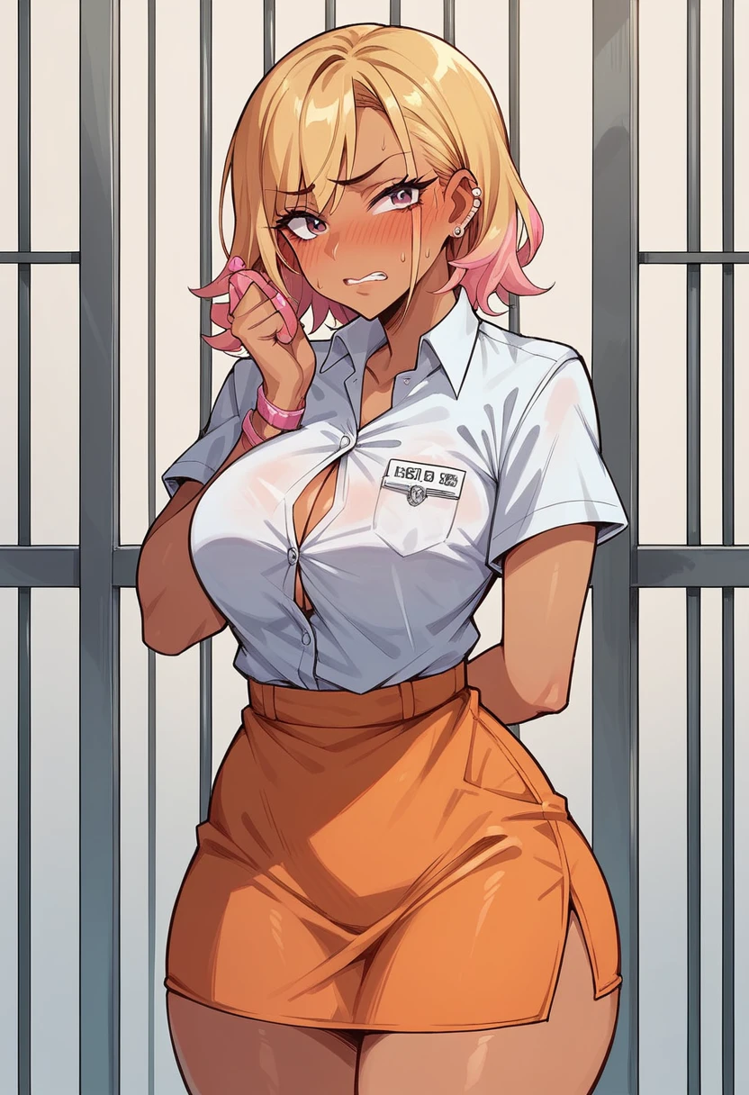 mugshot, view the viewer, Huge breast, prisoner, prison girl, jailed, prisoned, orange prison jumpsuit, Handcuffed, Restrained, shackle, domina, jail cell, lock, long blonde hair, blue eyes, ponytail 