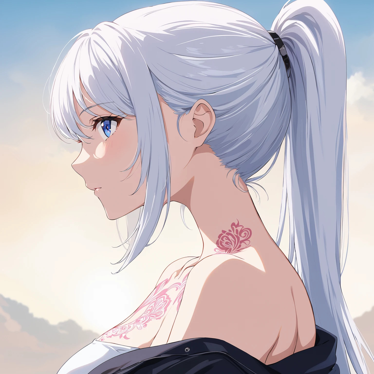 anime girl with long white hair and pink tattoo on her chest, profile of anime girl, beautiful anime girl, girl with white hair, beautiful anime woman, smooth anime cg art, perfect white haired girl, white haired deity, detailed digital anime art, beautiful anime portrait, silver hair girl, digital anime art, tifa lockhart with white hair, silver hair (ponytail)