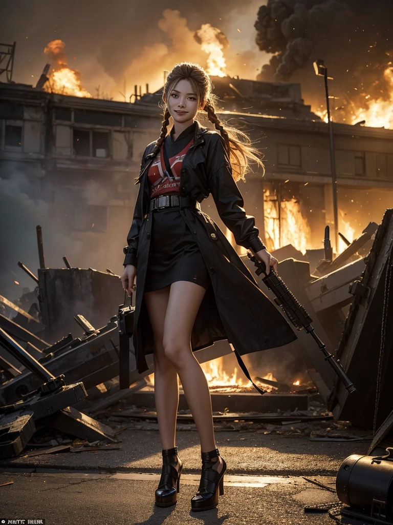 (Top quality,Ultra HD,Lifelike:1.4)(Cowboy Shooter 1),Beautiful armed girl,(K-pop idol),Detailed face,opposition,Perfect ???????,Smooth skin,Professional lighting,(穿着红色超短fire焰图案连衣裙,Red high heels,blond,Close-up of a girl with two short braids),Victory in battle,Victorious smile(background,Destroyed buildings,fire,(Huge explosion)),Back to the audience,Full body close-up,(Possession of weapons,持有步gun,Purpose,Purpose,Purpose:1.2),gun,H&k hk416,马gun,fire,