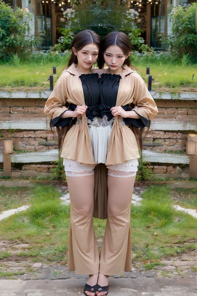 ((Best quality, 8k, Masterpiece :1.3, 2heads:1.5)), 1girl, perfect faces, perfect eyes, smiling, full body, slim face, Pretty woman, (Dark brown hair), full length dress :1.1, Ultra-detailed face, Detailed eyes, Double eyelid, blur background, slim face, city, outside, street,