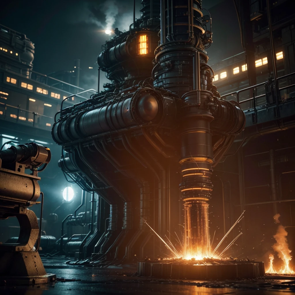 A nuclear fission reaction, glowing radioactive energy, futuristic sci-fi technology, atomic energy plant, industrial complex, metal machinery, dramatic lighting, cinematic composition, vibrant colors, photorealistic 3D rendering, best quality, 8k, highres, masterpiece, ultra-detailed, realistic, physically-based rendering, extreme detail description, professional, vivid colors, studio lighting