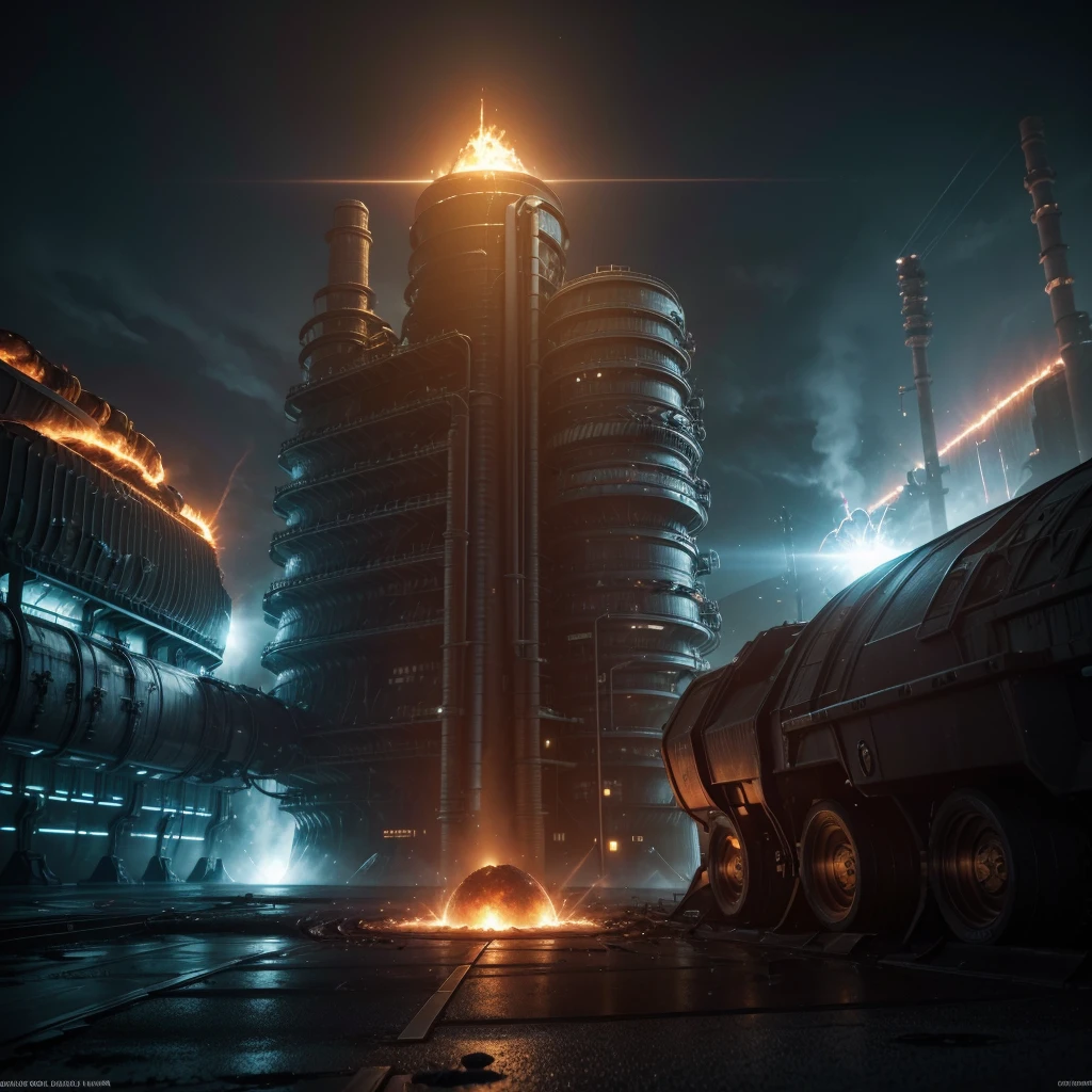 A nuclear fission reaction, glowing radioactive energy, futuristic sci-fi technology, atomic energy plant, industrial complex, metal machinery, dramatic lighting, cinematic composition, vibrant colors, photorealistic 3D rendering, best quality, 8k, highres, masterpiece, ultra-detailed, realistic, physically-based rendering, extreme detail description, professional, vivid colors, studio lighting
