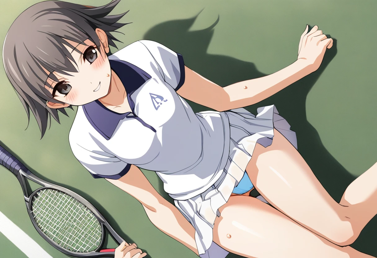 One girl,((Nozomi)),smile、Gentle expression,slender body,ideal ratio body proportions,,Lying down、,spread legs:1.3,training、blush,,(White tennis wear、body-conscious、white tight polo shirt、white tight mini skirt、perfect blue panties,panty shot,upskirt,sweat:1.3),outdoors、from above,Tennis court、A complete depiction of the human body,masterpiece, Highest quality, Game CG, ultra detailed、highres、extremely detailed CG