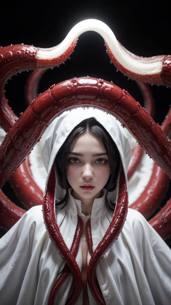 Woman with black hair and light eyes wearing white clothes and red details with tentacles around her face in a mystical setting 