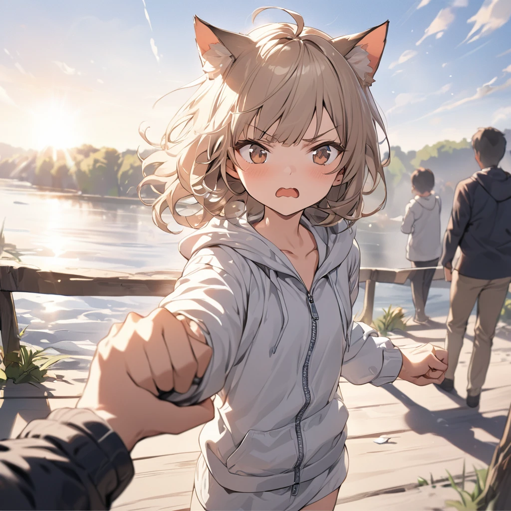 ((Masterpiece)), ((best quality)), (Anime:1.3), (super detail:1.2),(High Definition:1.3), (Professional Photography:1.2), (wide shot), (sharp focus), (perfect light), ((12 years old)), (morning), messy medium hair, Beautiful collarbone, (cute hoodie with zipper), white tanktop, (Healthy slim body), (loose blunt bangs), Slender body, glossy skin, (annoyed look), open mouth, ((Beautiful brown eyes)), Textured skin, (Cat ears), Pale brown hair, Cute Beautiful Girl, (slightly exposed small chest), BREAK, ((best quality)), Dynamic angles, ((Punching)), standing on the riverside, (sharp focus), perfect hands, (perfect light),