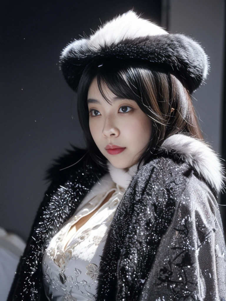 fluffyの毛皮。fluffy。Wedding dressを着た女性たちの写真。Wedding dress、Grey fur cape。Surrounded by fair-skinned adult women。Women wearing fur dresses and veils covering their faces are lined up。Beautiful women in luxurious furs。The dark dungeon of an old stone castle。Fisheye Lens、Fur coat。Multiple women。