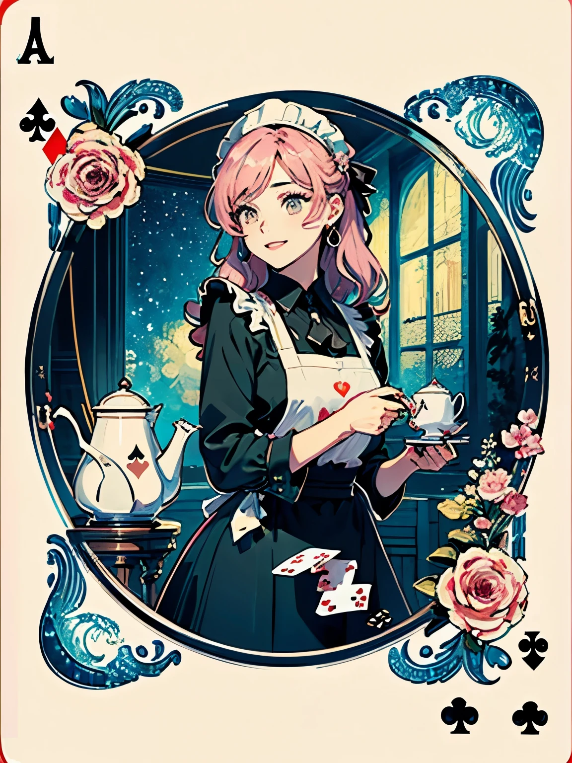 (Masseter muscle area、Highest quality、Mysterious、Beautiful and aesthetic、Official Art、Impressionism、By Van Gogh:1.2)、(One Girl:1.3)、(Playing Card Background、Fractal Art:1.0)、Glowing Skin、pattern、(Cafe staff:1.2)、(Teapot、Tea cup:1.3)、(Pink Hair、Long Hair、Laughing、Long sleeve blouse、tie、Sommelier Apron)、Exotic Wallpaper、Very colorful、Abstract background、Fantastic、(Playing Card Background:1.5)、