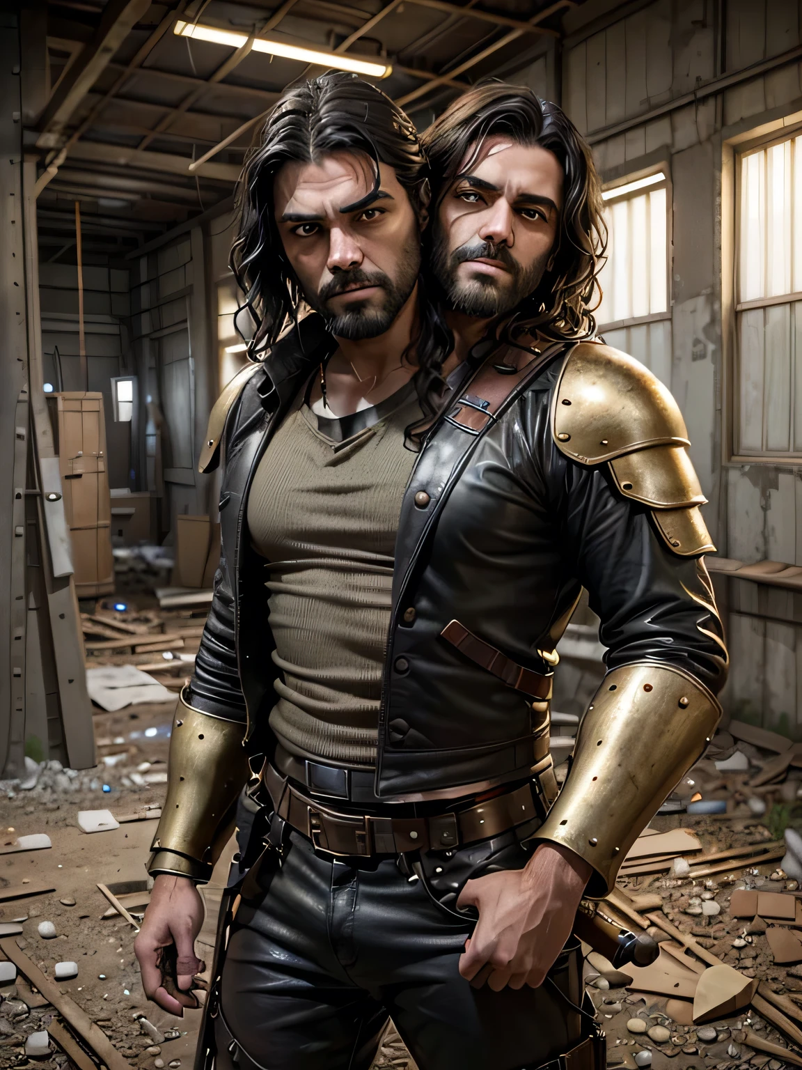 (masterpiece:1.3), (8k, photorealistic, RAW photo, best quality: 1.4), (1man), rugged face, (realistic face), like Oscar Isaac, (black hair, beard with golden beads plaited into it), fierce eyes, beautiful detailed eyes, (rough skin) (battered old leather jacket with rusted pieces of steel armour, equipment belt with holster and keffiyeh), absurdres, scary, ultra high res, ultra realistic, highly detailed, golden ratio, (two heads) inside an abandoned factory at nighttime, firelight