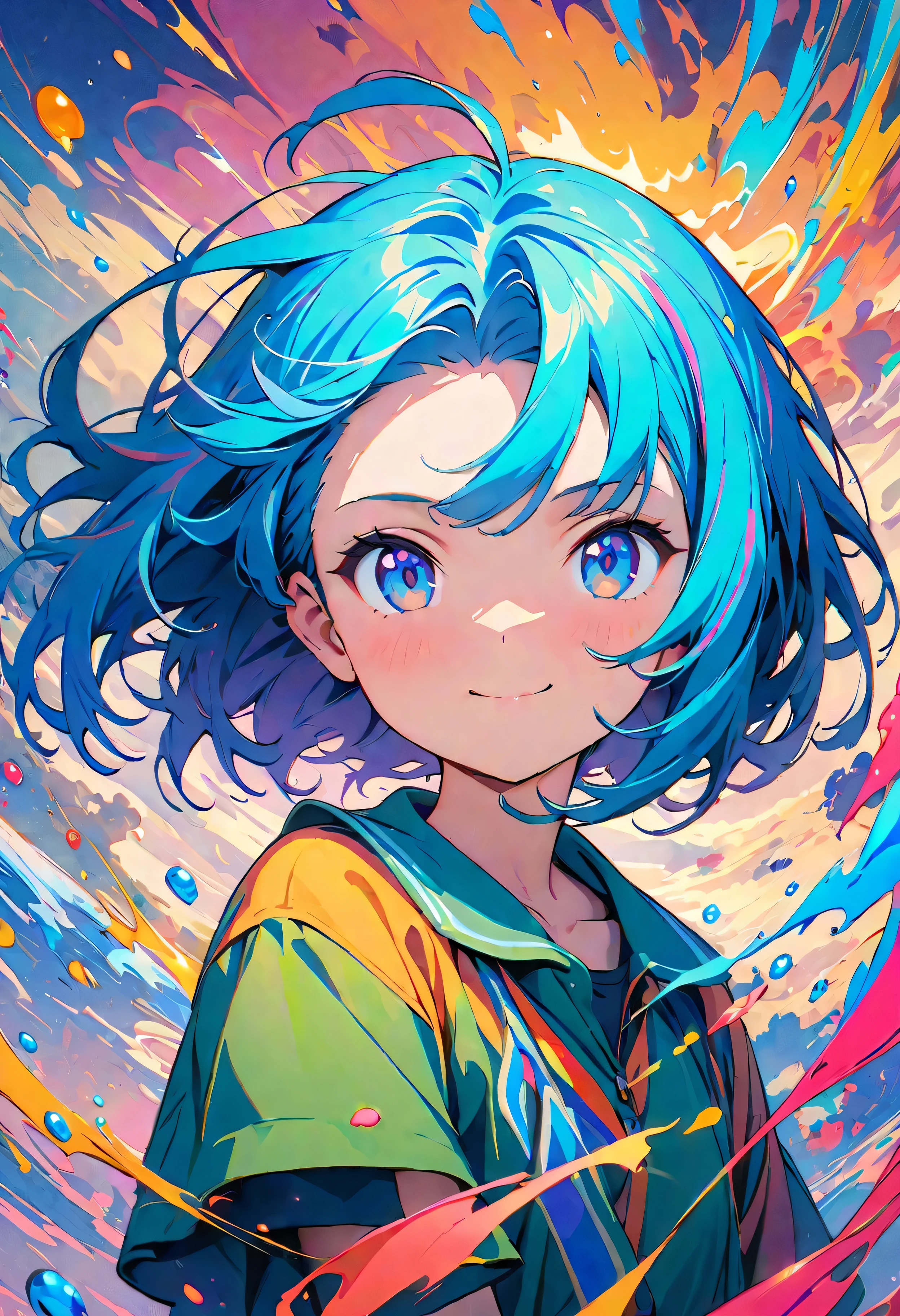 (masterpiece, Highest quality, Official Art:1.2), (colorful), Perfect Anatomy, Looking at the audience,One Girl, alone, floating colorful water, Ultra-fine illustrations, Highly Details, Dynamic Angle, Beautiful detailed, 8K, 壊す smiling amidst the colorful scenes, (High resolution), Anime Style, (Fractal Art:1.1), 12 years old, Center parted short bob, hair between eyes, forehead