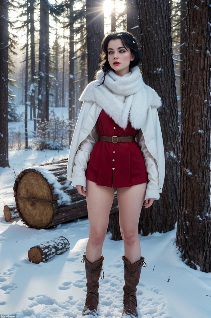 score_9, score_8_up, score_7_up, score_6_up, score_5_up, score_4_up, (8k, hd, best quality, masterpiece), (extremely detailed:1.3), (ultra hyper-realistic full body image:1.4), full body, (White Neve Disney), very light skin, blue eyes, red lipstick, makeup, (Disney Snow White's iconic costumes), sexy and insinuating young woman, standing in front of a hunter's cabin from the story made of wooden logs and covered in straw with accumulated snow, in the snowy forest, morning, shadows, low light, direct sun rays illuminating parts of the body, dramatic light contrasts